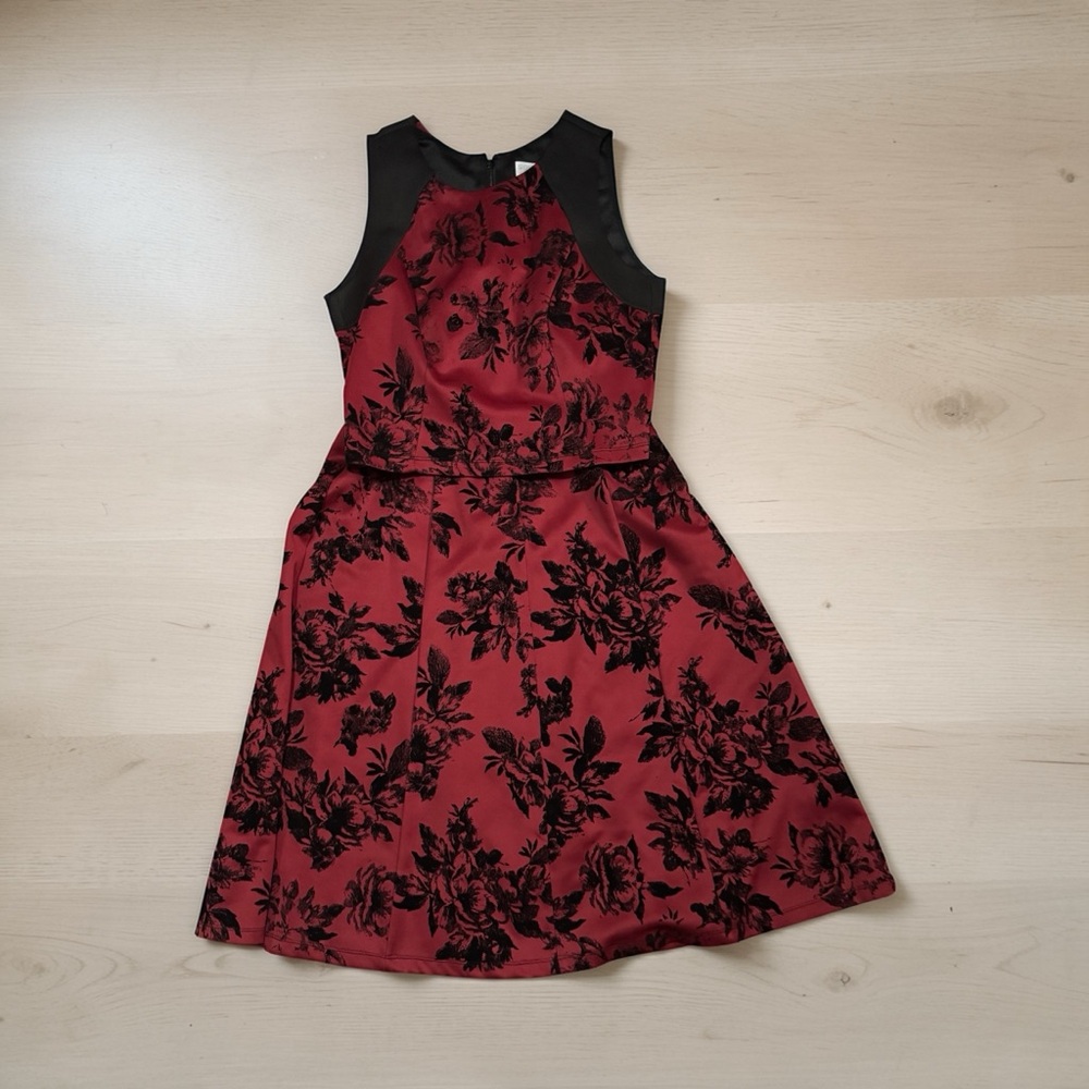 Red Floral Fit & Flare two piece with Black Accents